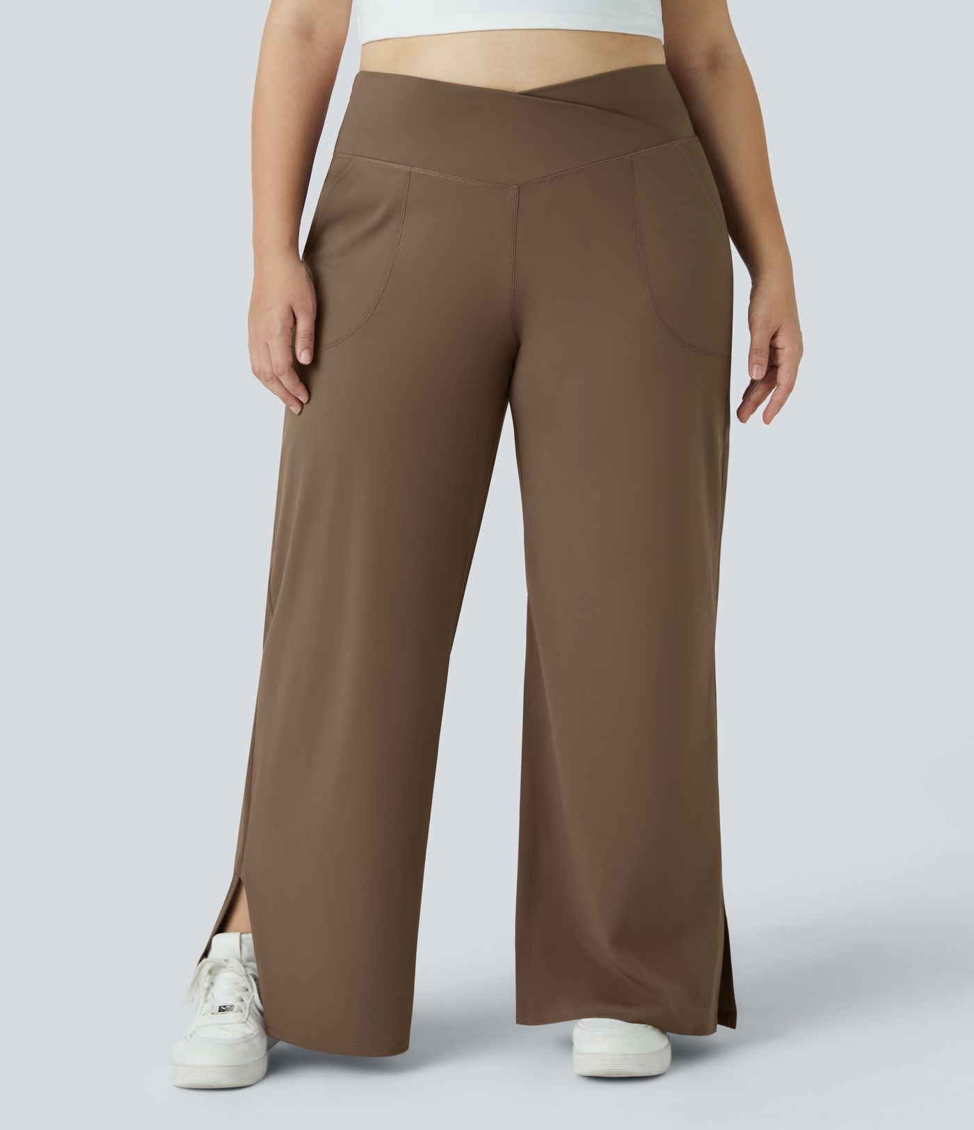 Pantalones yoga pierna ancha talla grande dobladillo dividido bolsillo cruzado-Smile