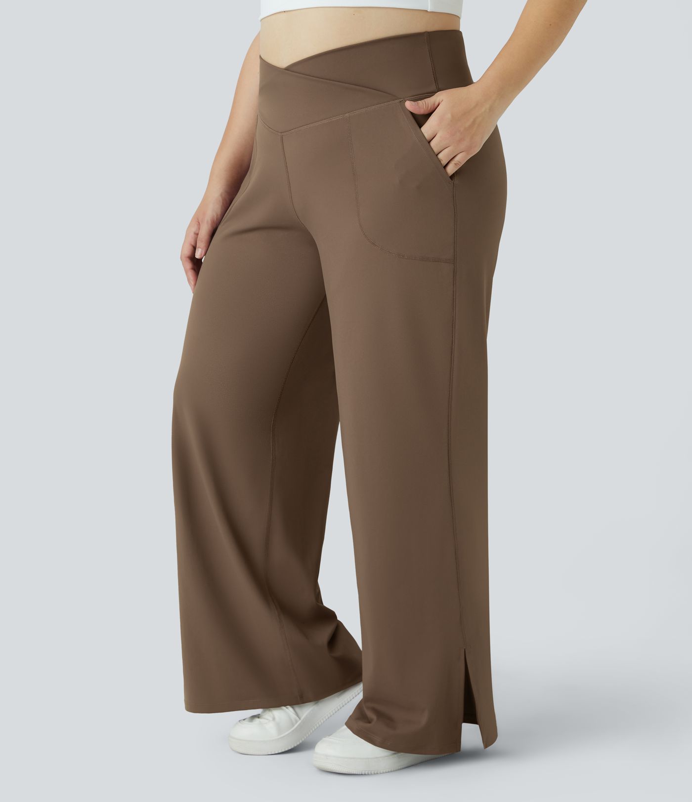 Pantalones yoga pierna ancha talla grande dobladillo dividido bolsillo cruzado-Smile