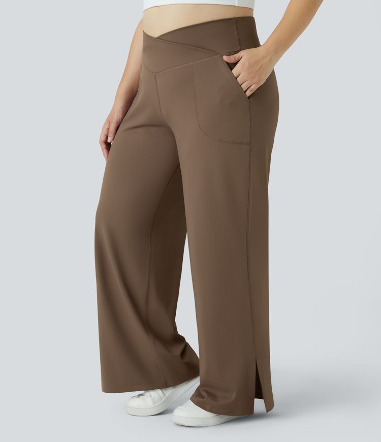 Pantalones yoga pierna ancha talla grande dobladillo dividido bolsillo cruzado-Smile