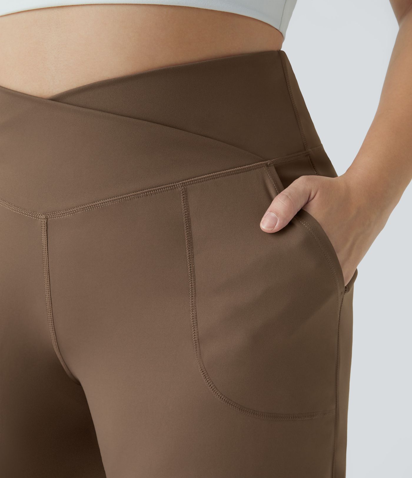 Pantalones yoga pierna ancha talla grande dobladillo dividido bolsillo cruzado-Smile