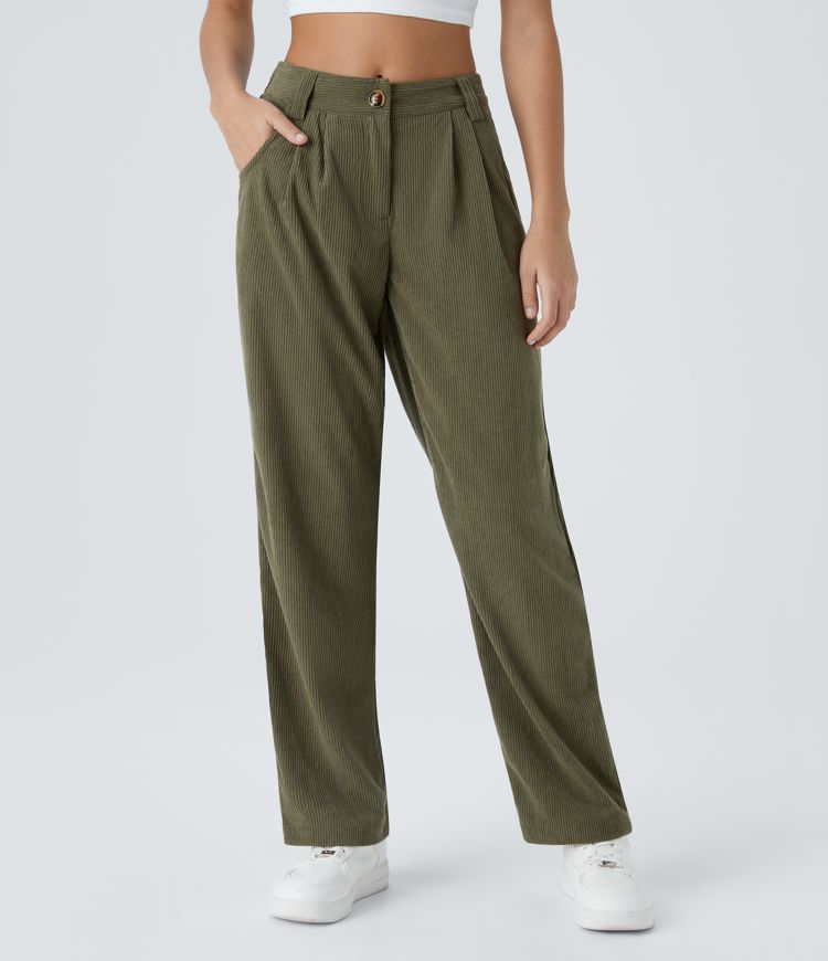 Women's Mid Rise Zipper Pocket Corduroy Casual Pants - Halara