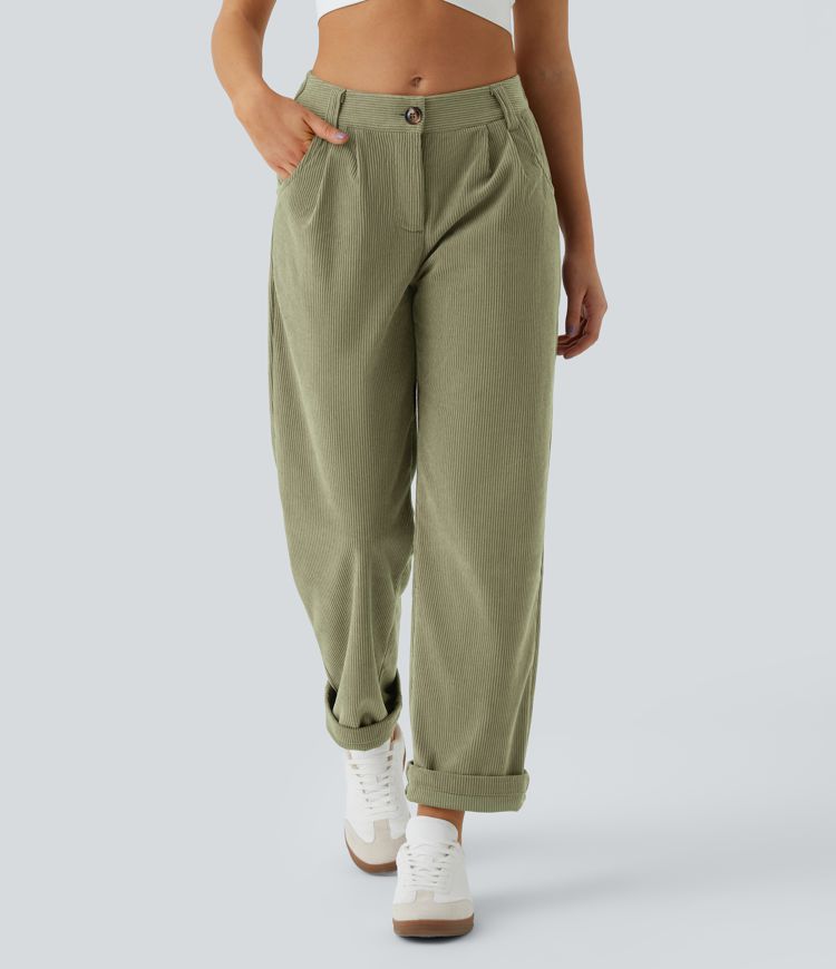 Mid Rise Button Zipper Side Pocket Corduroy Casual Pants