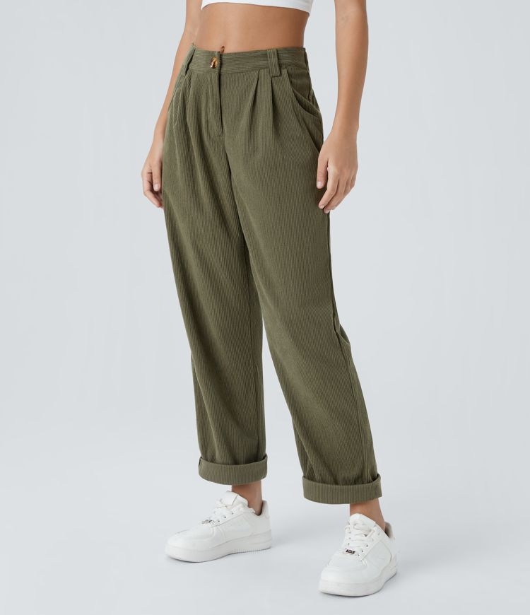 Women's Mid Rise Zipper Pocket Corduroy Casual Pants - Halara