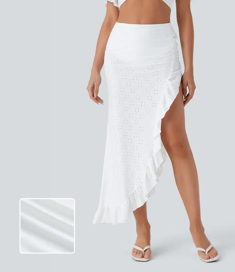 High Waisted 2-in-1 Ruffle Eyelet Embroidery Maxi Skirt