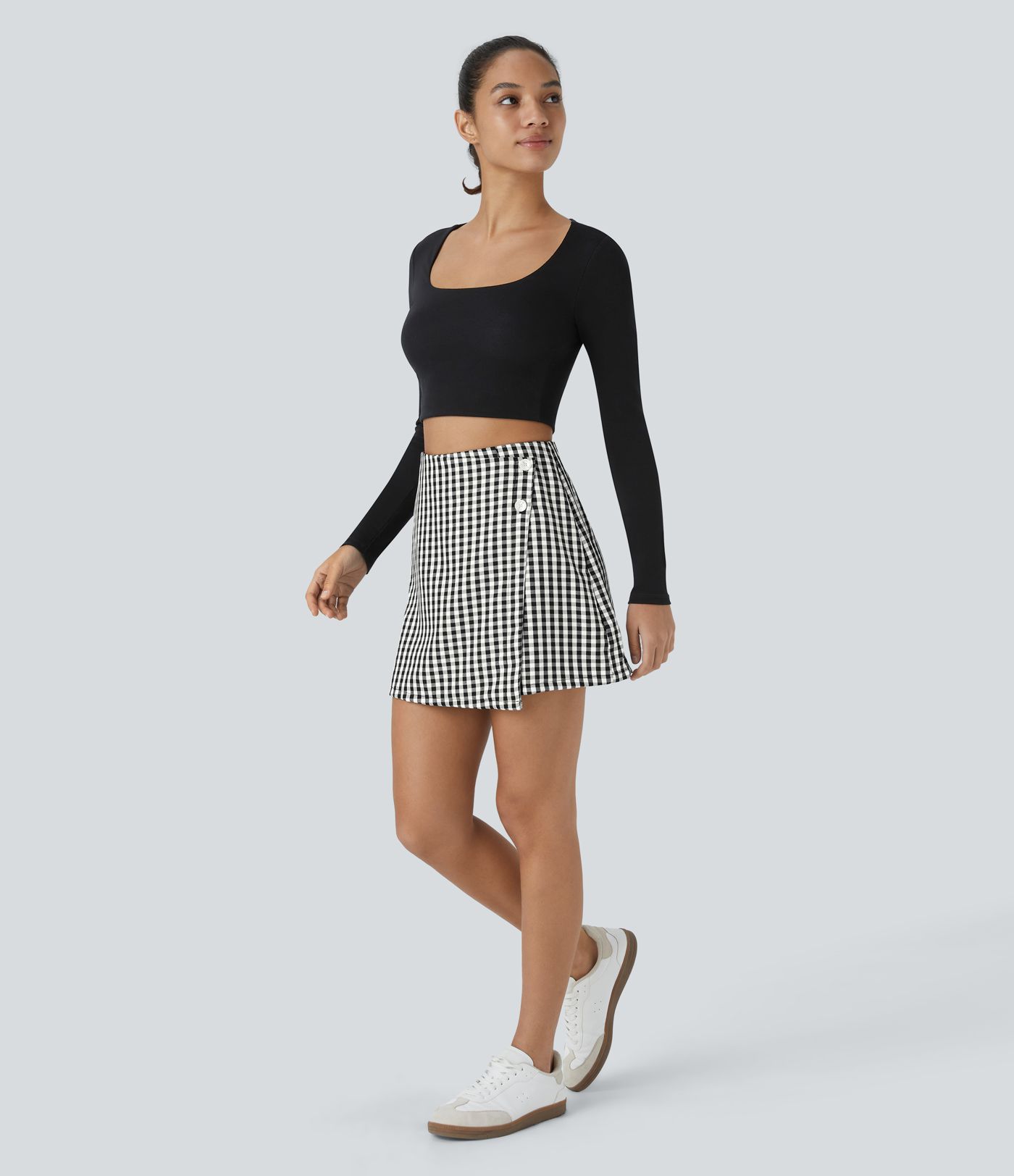 하이 웨이스트 버튼 랩 인비저블 지퍼 2-in-1 깅엄 A 라인 미니 캐주얼 스커트