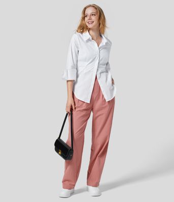 Pantalon Droit Travail Palazzo Solide Fluide Taille Haute avec Plis Poches Latérales Effet Lin 