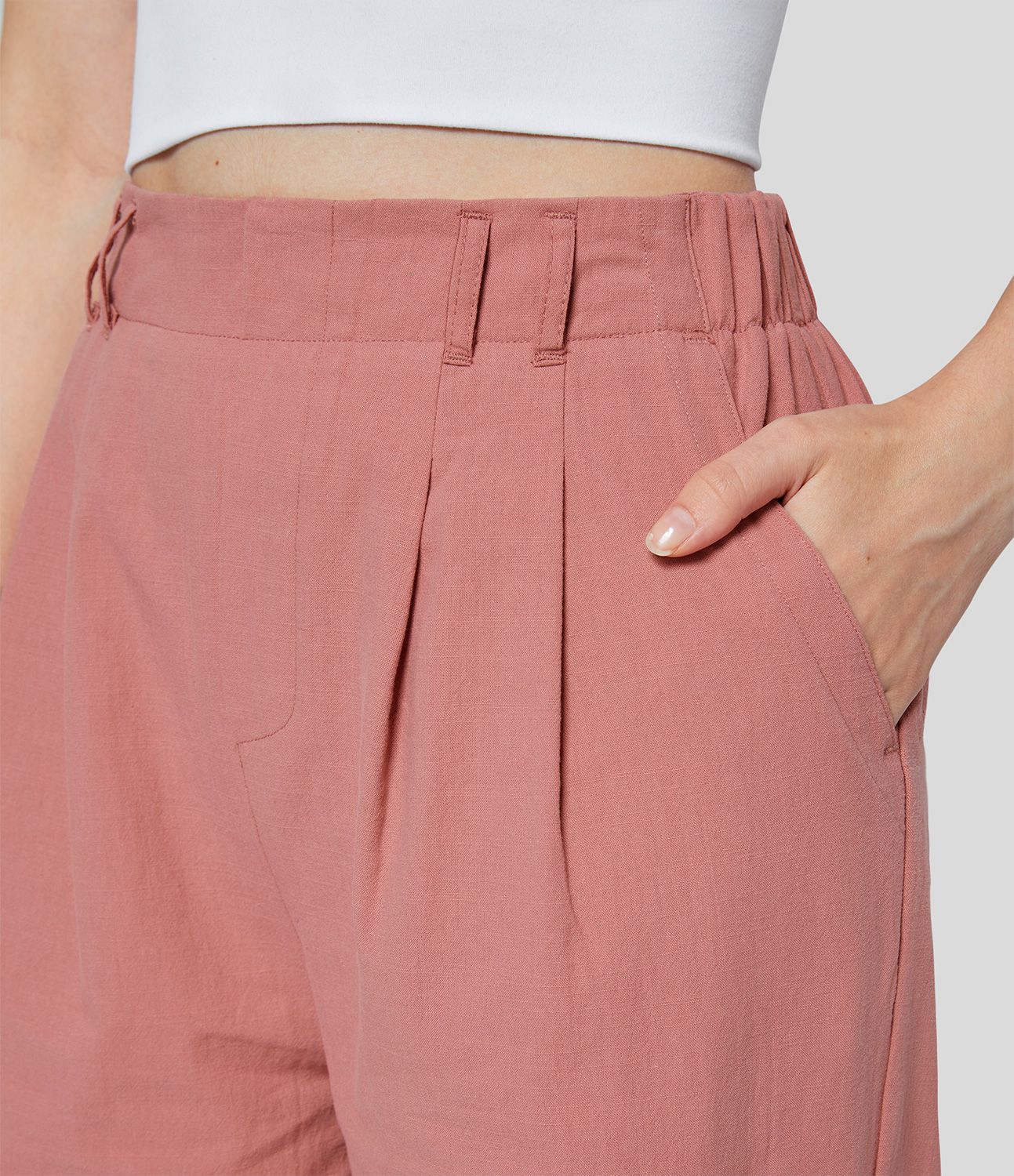 Pantalon Droit Travail Palazzo Solide Fluide Taille Haute avec Plis Poches Latérales Effet Lin 