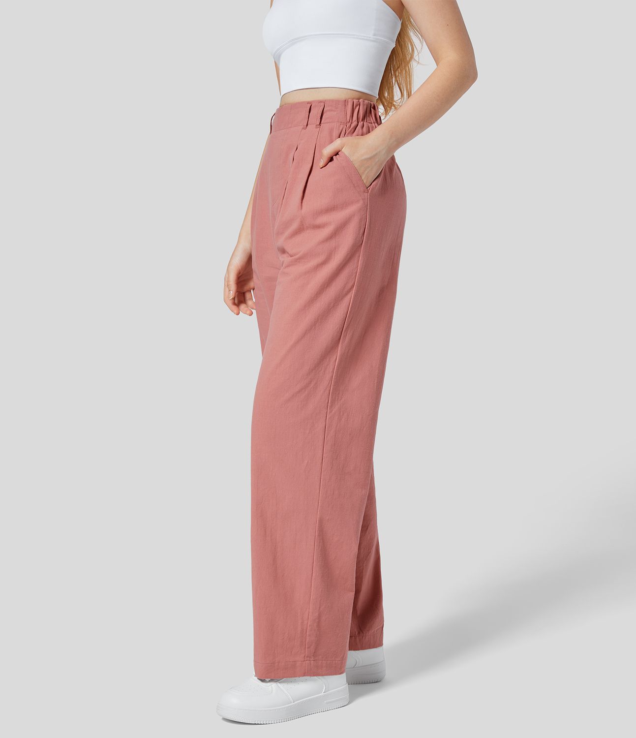 Pantalon Droit Travail Palazzo Solide Fluide Taille Haute avec Plis Poches Latérales Effet Lin 