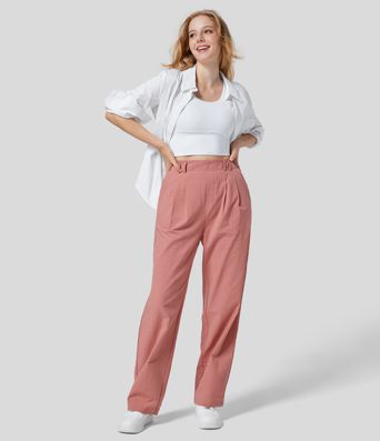 Pantalon Droit Travail Palazzo Solide Fluide Taille Haute avec Plis Poches Latérales Effet Lin 