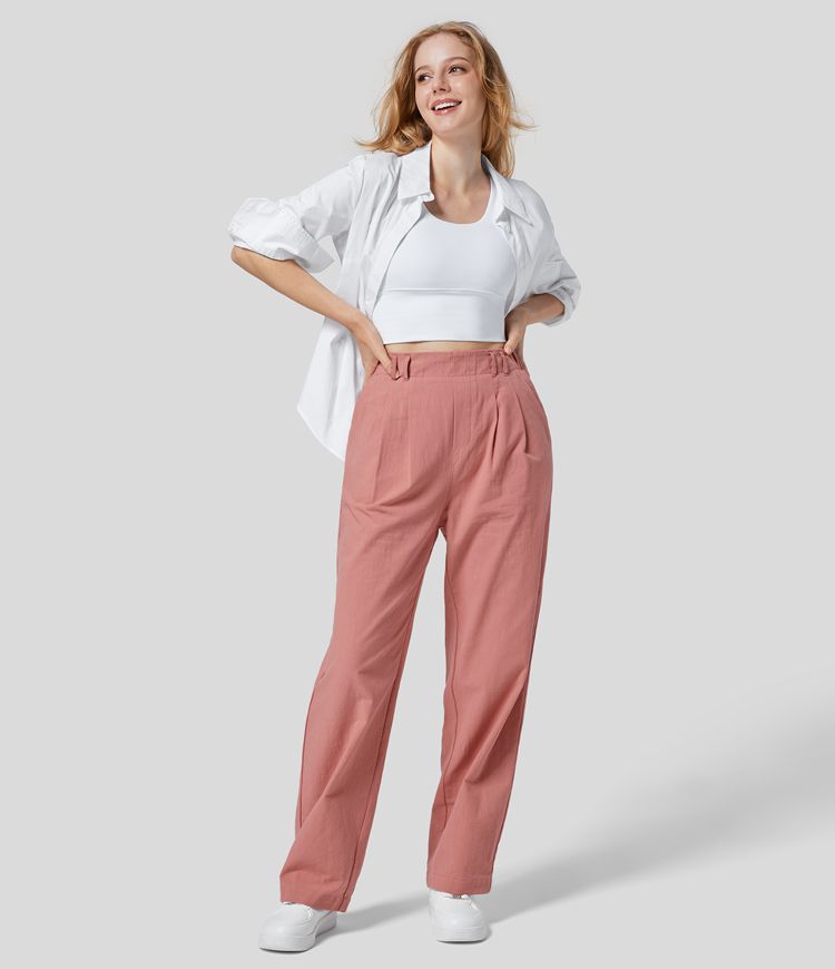 Pantalon Droit Travail Palazzo Solide Fluide Taille Haute avec Plis Poches Latérales Effet Lin 