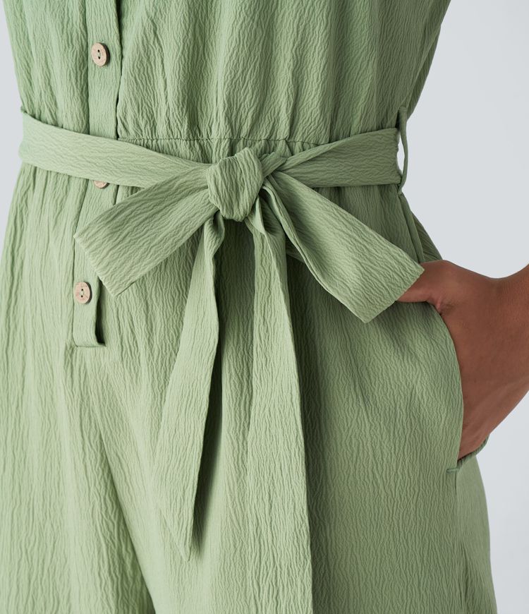 V-neck button backless jumpsuit with belt and side pockets