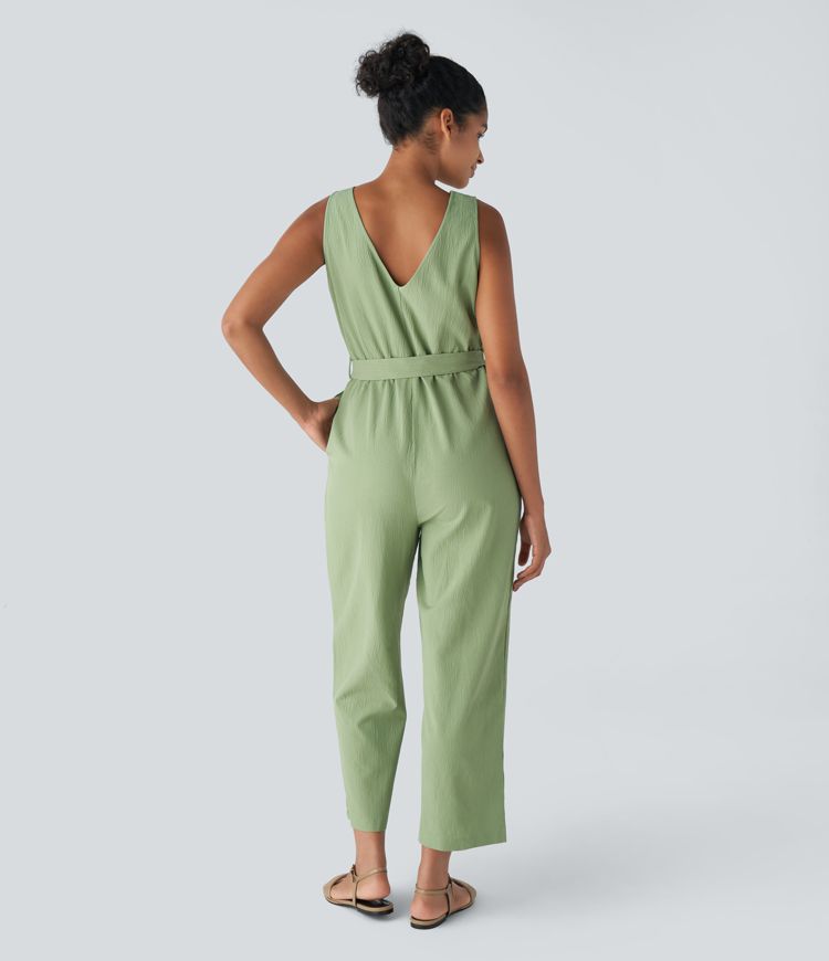 V-neck button backless jumpsuit with belt and side pockets