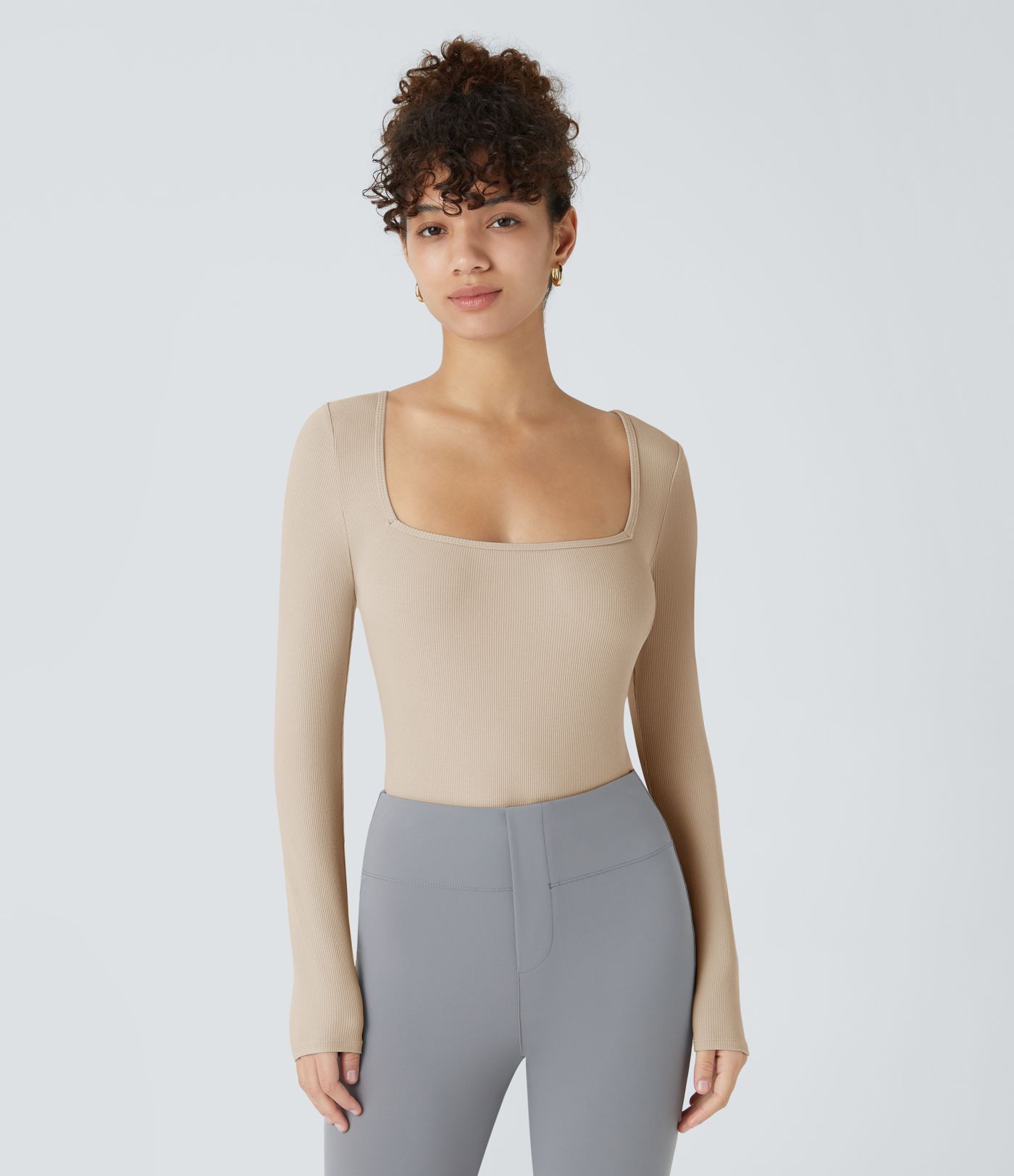 Ribbed Knit Square Neck Long Sleeve Skinny Casual Bodysuit