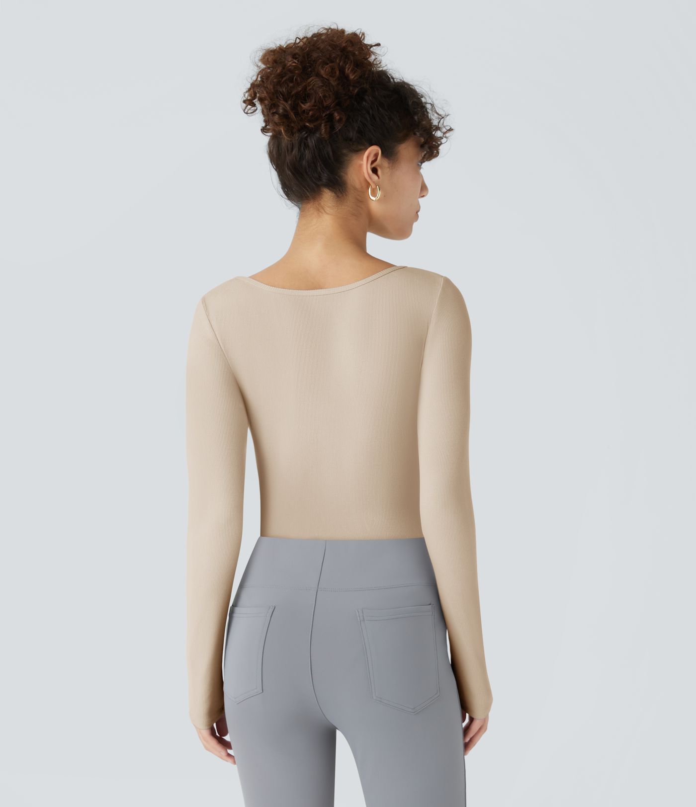 Ribbed Knit Square Neck Long Sleeve Skinny Casual Bodysuit