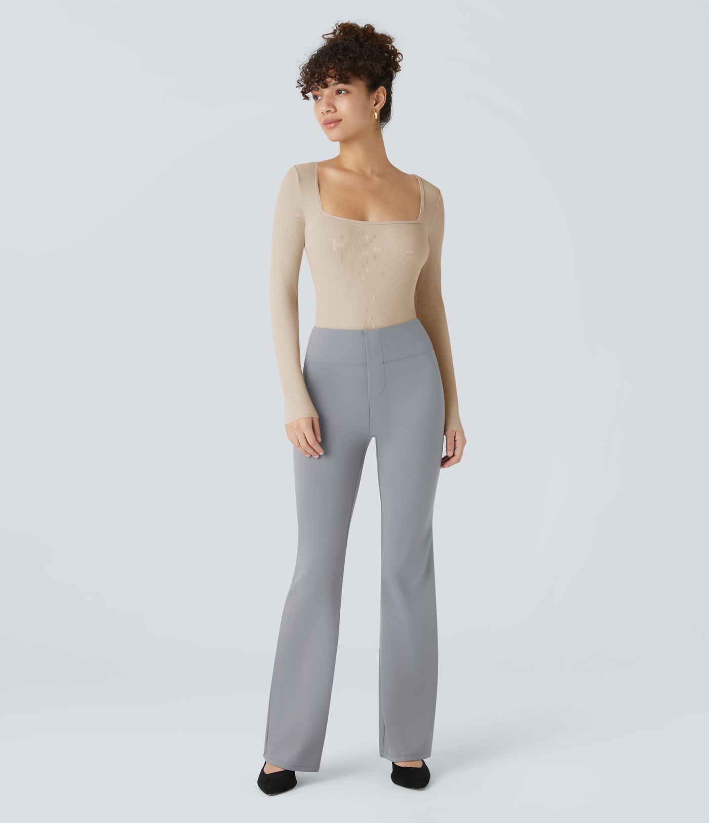 Ribbed Knit Square Neck Long Sleeve Skinny Casual Bodysuit