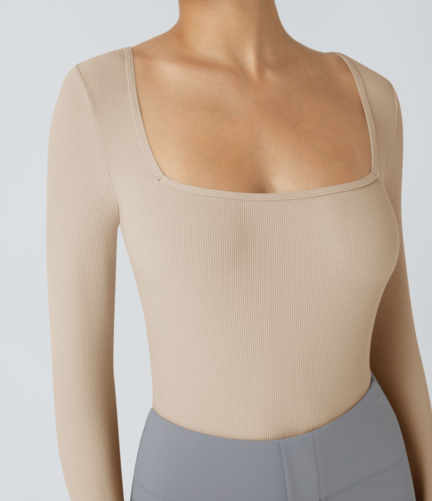 Ribbed Knit Square Neck Long Sleeve Skinny Casual Bodysuit