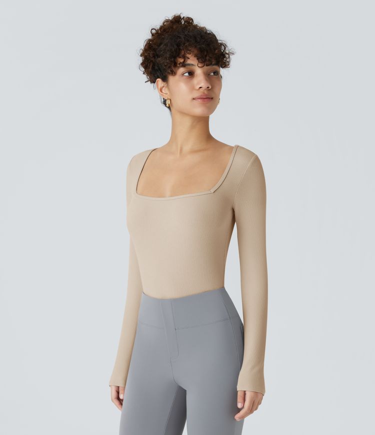 Ribbed Knit Square Neck Long Sleeve Skinny Casual Bodysuit