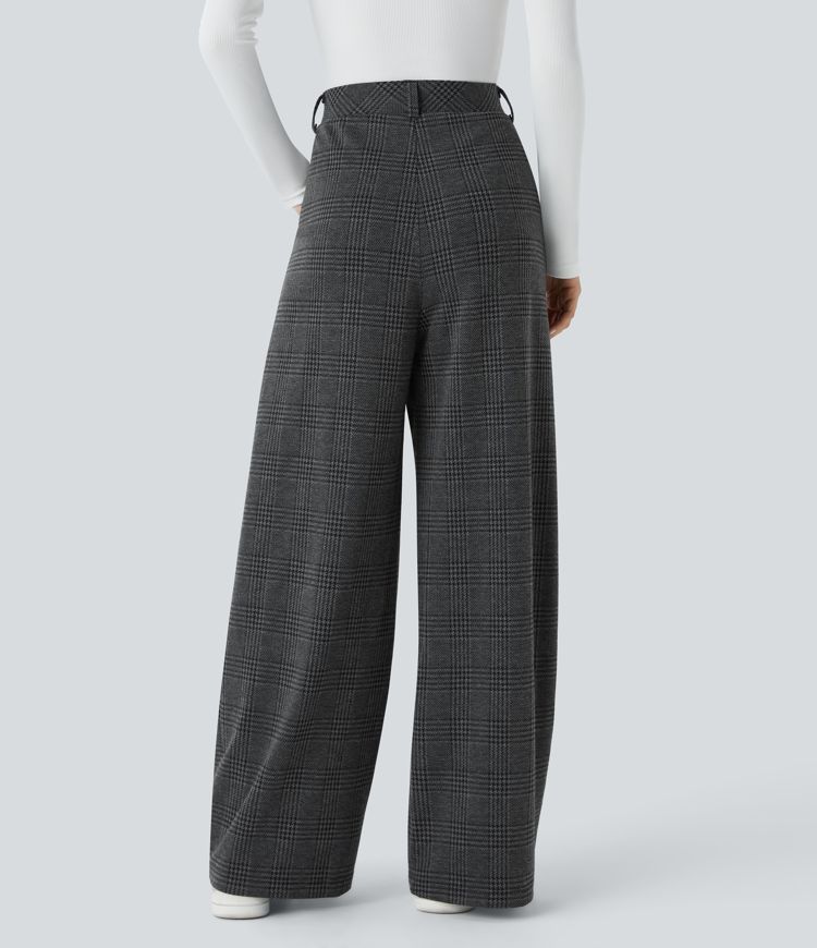 Pantalon Large Casual Taille Haute à Plis Poches Latérales Motif Pied-de-Poule