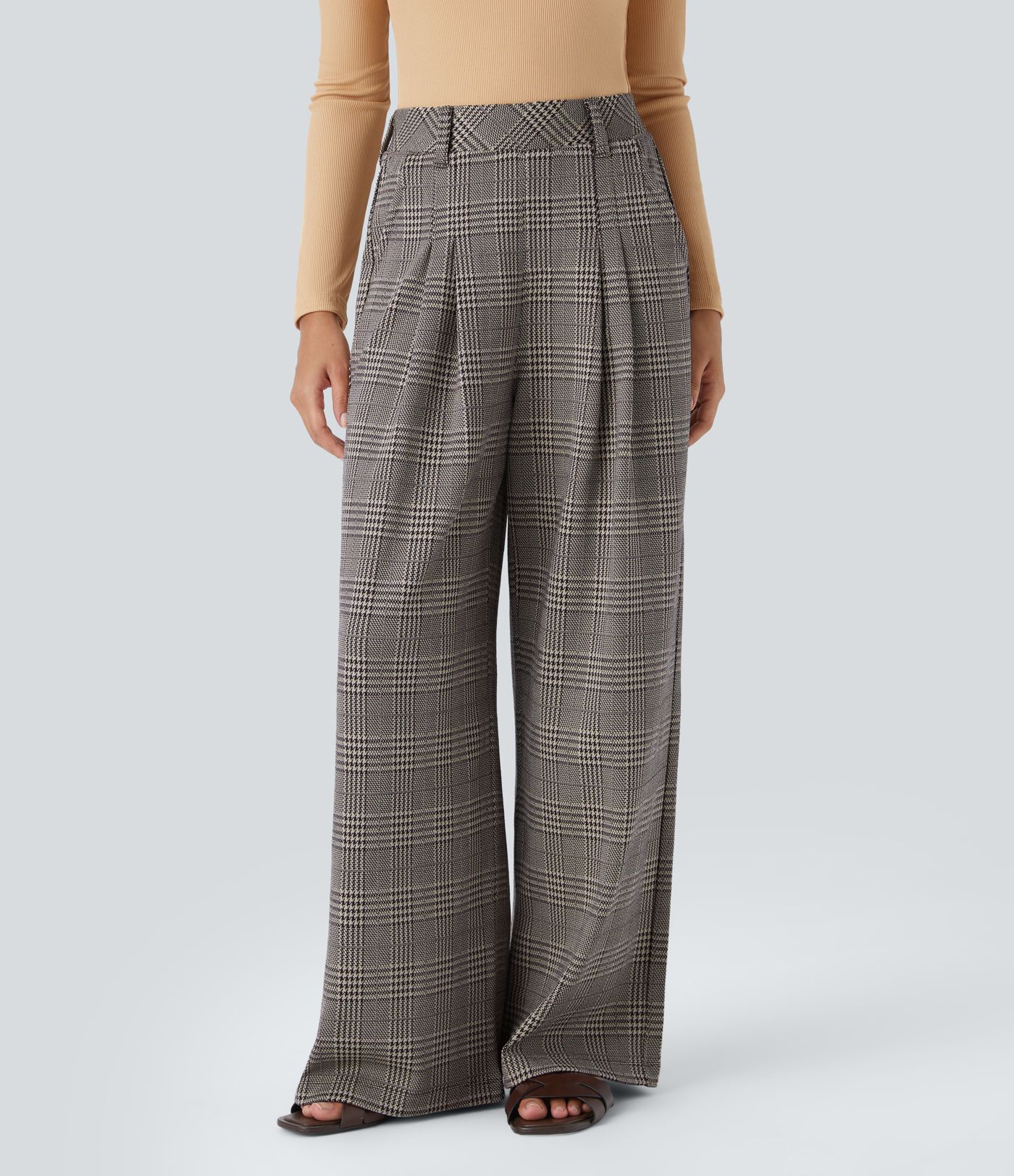 High Waisted Pocket Wide Leg Houndstooth Plaid Casual Pants