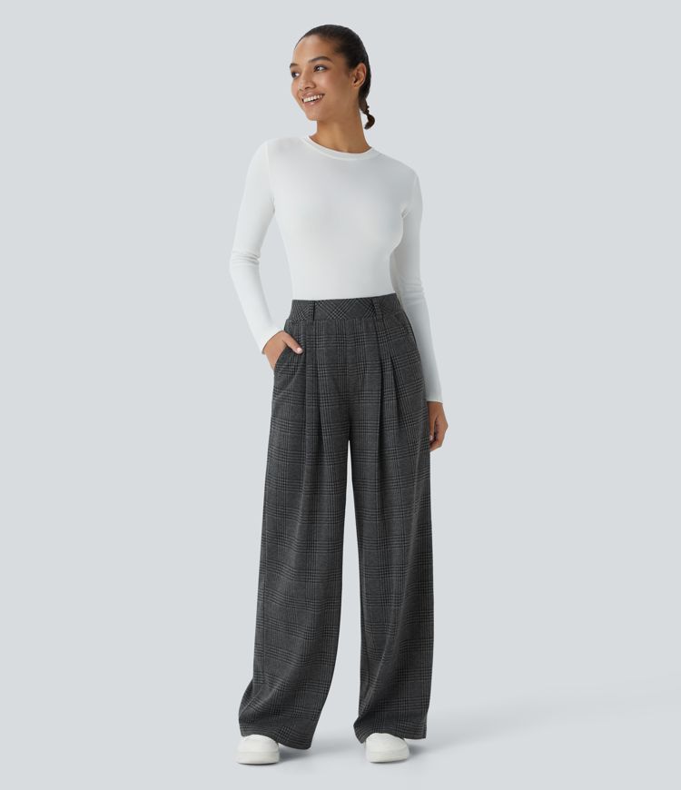 Pantalon Large Casual Taille Haute à Plis Poches Latérales Motif Pied-de-Poule