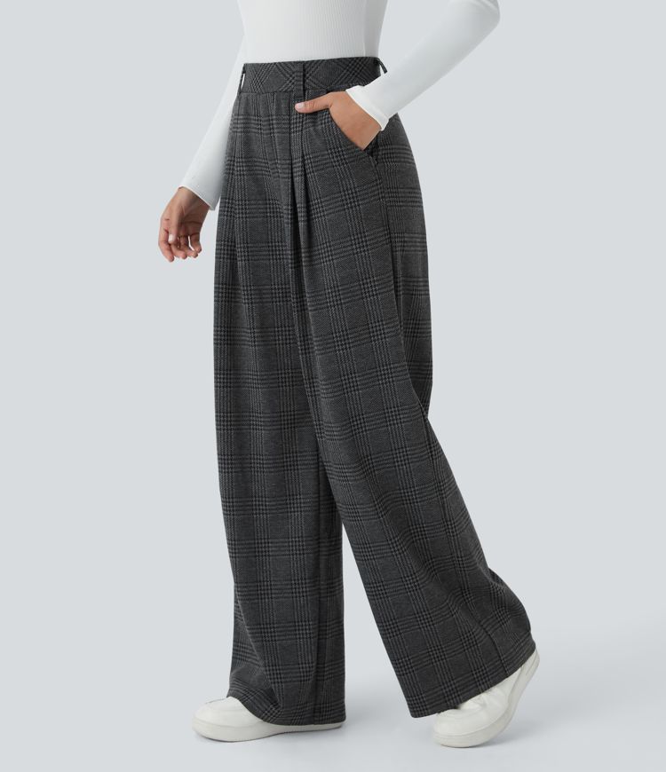 Pantalon Large Casual Taille Haute à Plis Poches Latérales Motif Pied-de-Poule