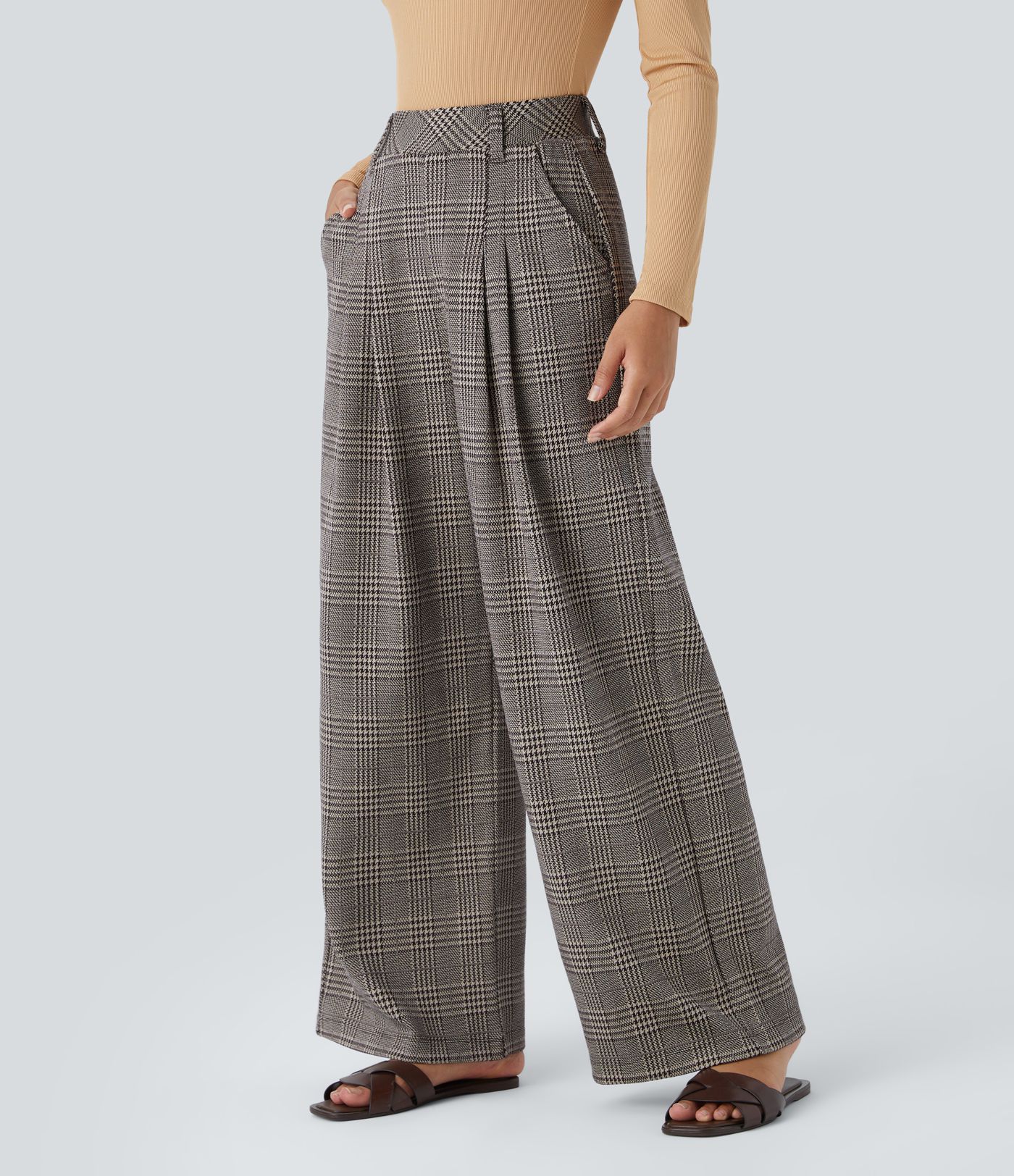 High Waisted Pocket Wide Leg Houndstooth Plaid Casual Pants
