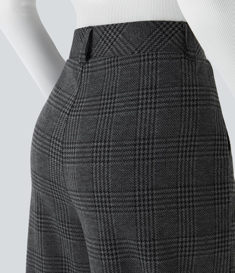 Pantalon Large Casual Taille Haute à Plis Poches Latérales Motif Pied-de-Poule