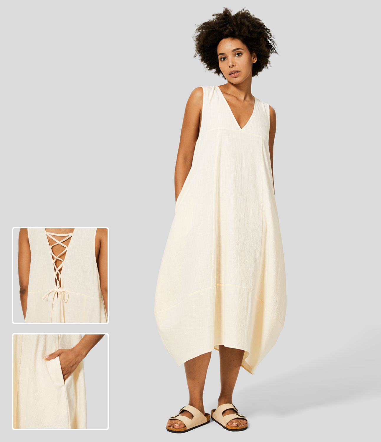 Sleeveless, backless, tie-up, casual flowy midi dress in cotton with side pockets and lacing