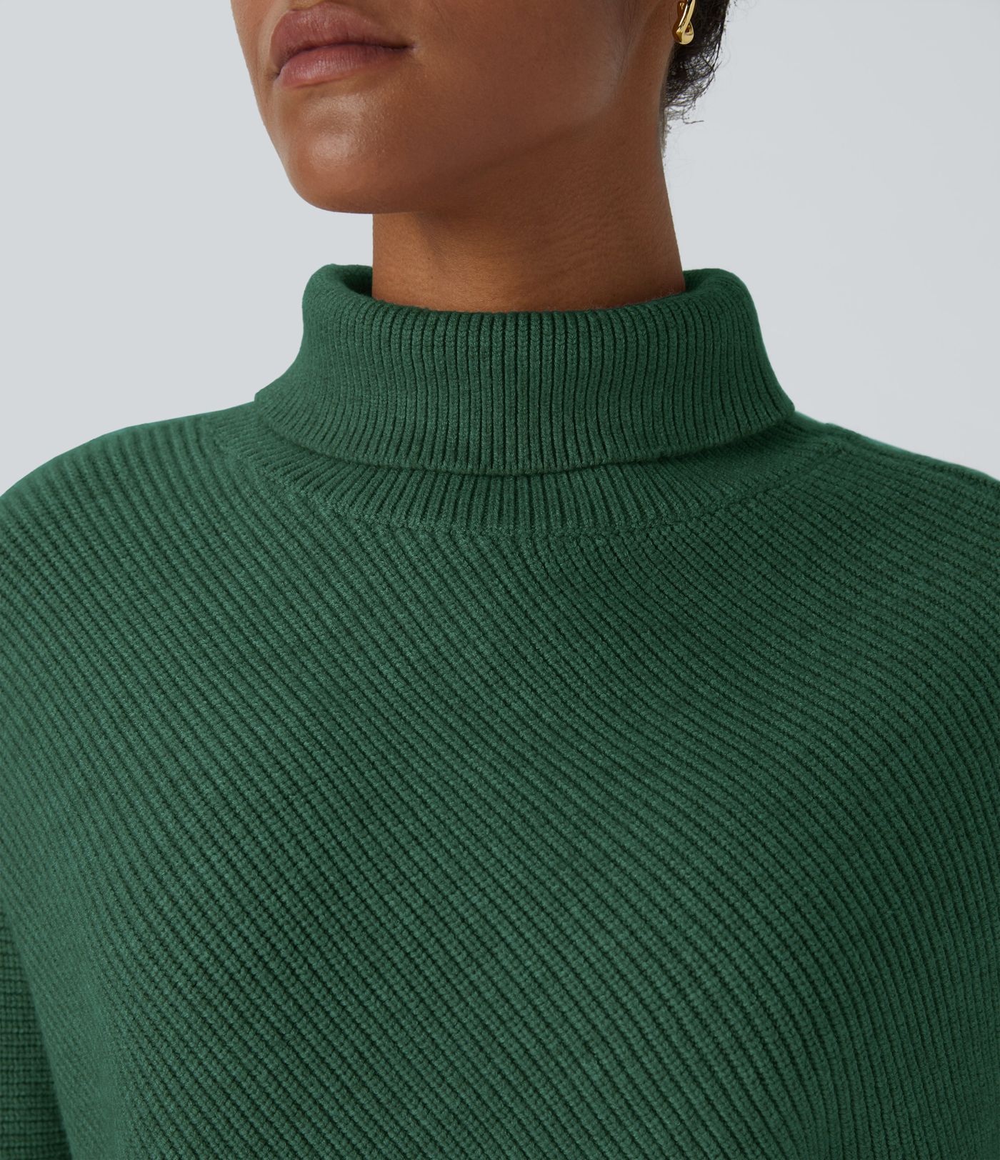 High Neck Long Sleeve Asymmetric Hem Women Work Knit Sweater