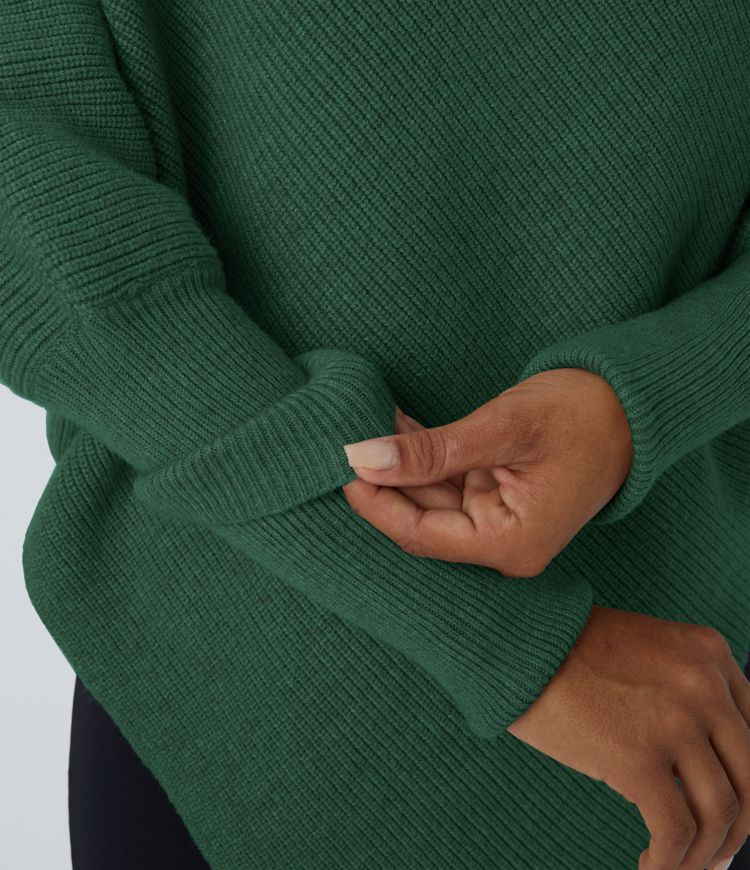 High Neck Long Sleeve Asymmetric Hem Women Work Knit Sweater