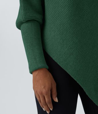 High Neck Long Sleeve Asymmetric Hem Women Work Knit Sweater