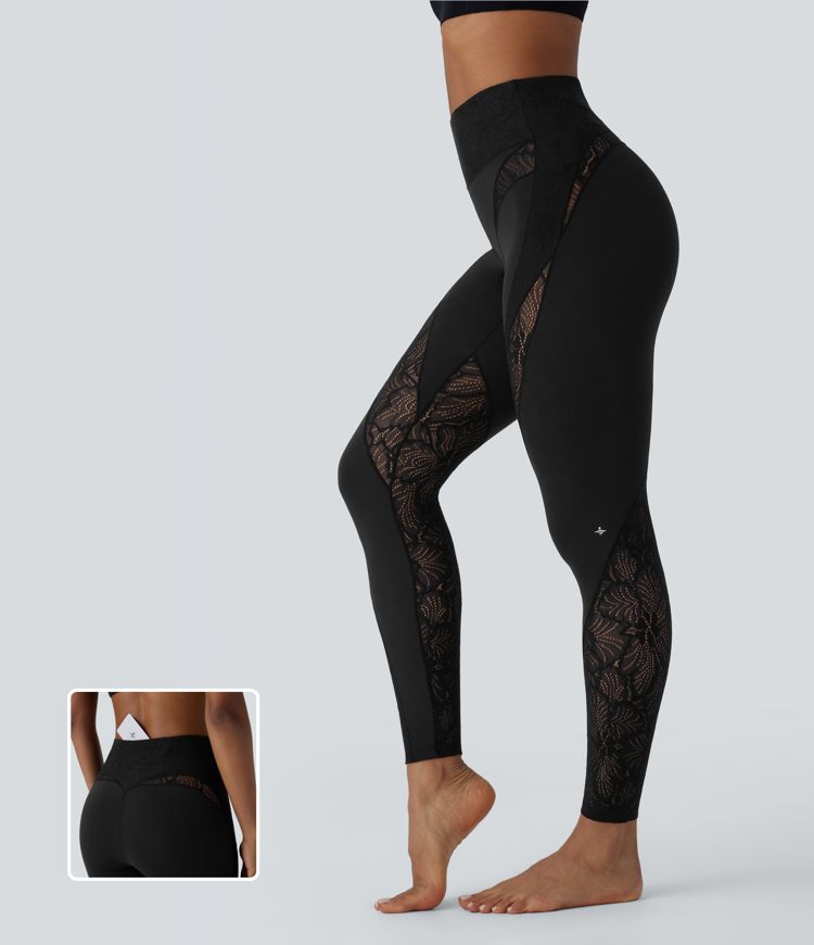 Softlyzero™ High Waisted Back Pocket Contrast Lace 7/8 Yoga Leggings-UPF50+