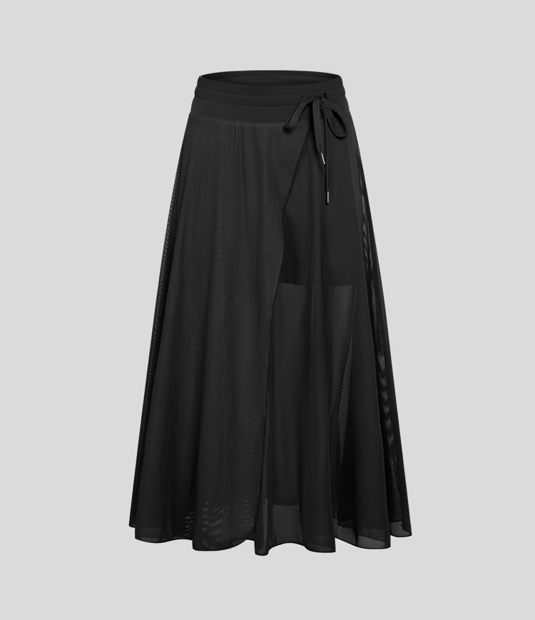 High Waisted Drawstring Contrast Mesh 2-in-1 Pocket Flowy Midi Flare Casual Skirt