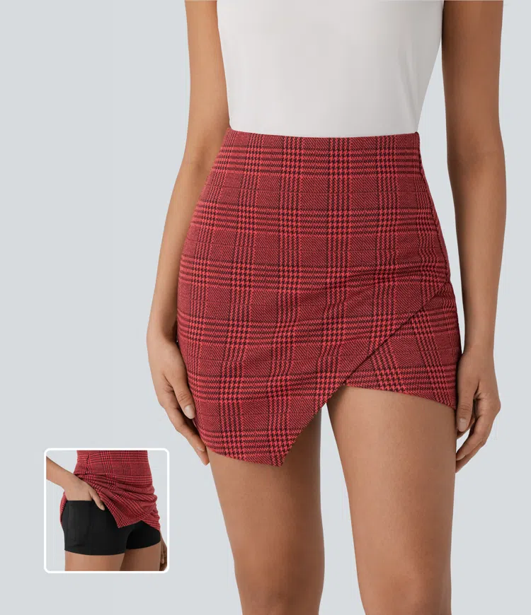 High Waisted 2-in-1 Pocket Asymmetric Hem Houndstooth Plaid Bodycon Mini Work Skirt