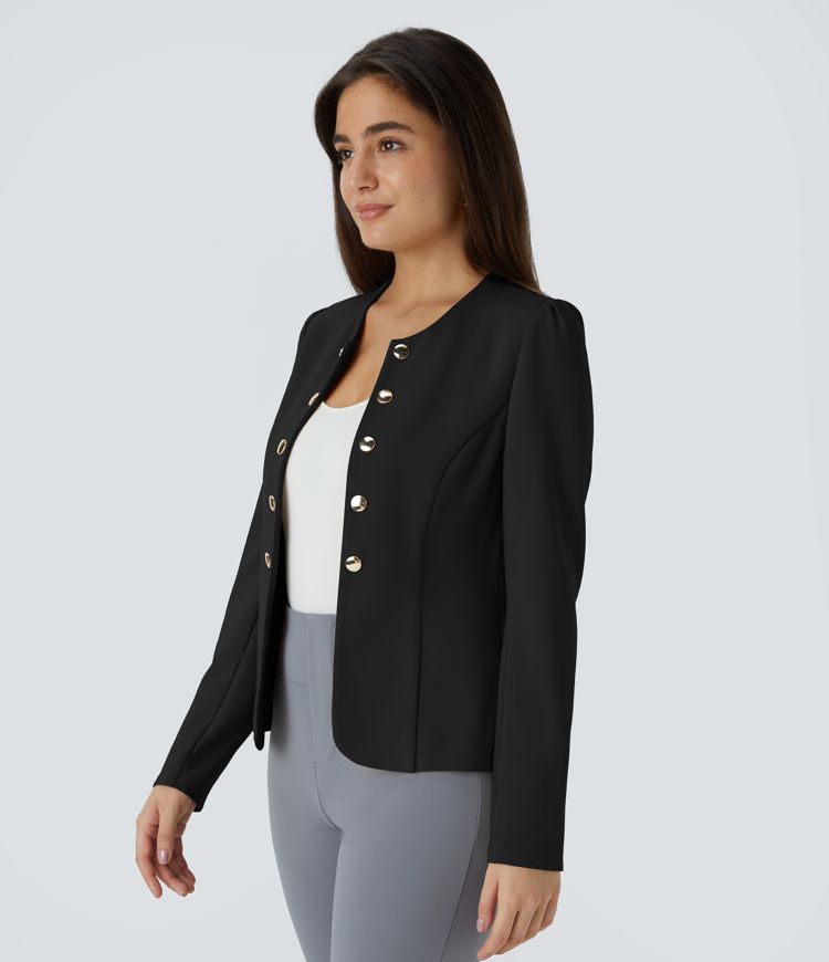 SculptKnit Blazer tailleur ajusté à col rond, manches longues avec boutons décoratifs