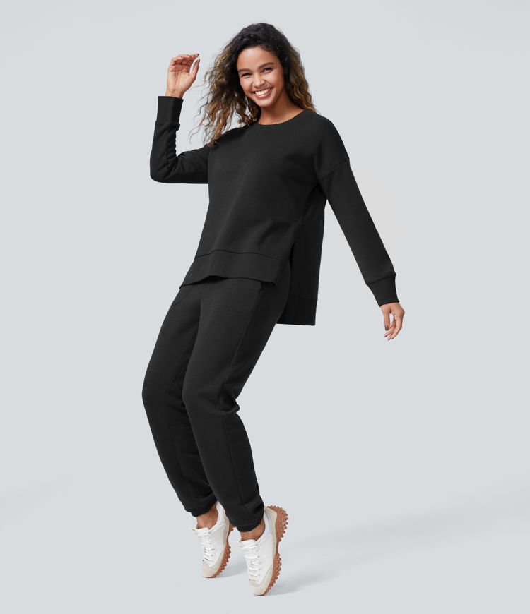 Round Neck Long Sleeve Side Split Fleece Casual Sweatshirt