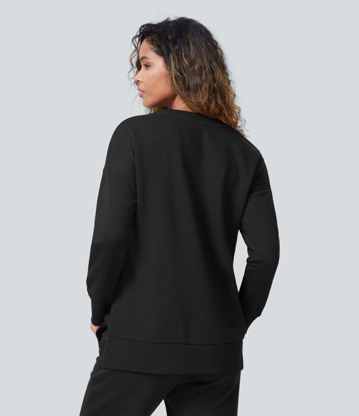 Round Neck Long Sleeve Side Split Fleece Casual Sweatshirt