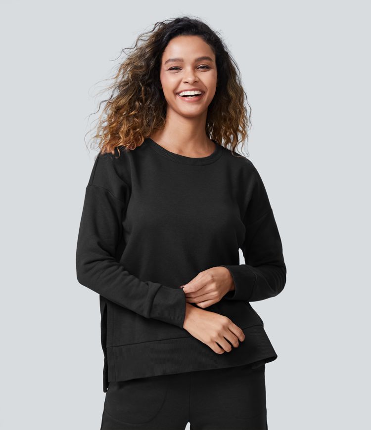 Round Neck Long Sleeve Side Split Fleece Casual Sweatshirt