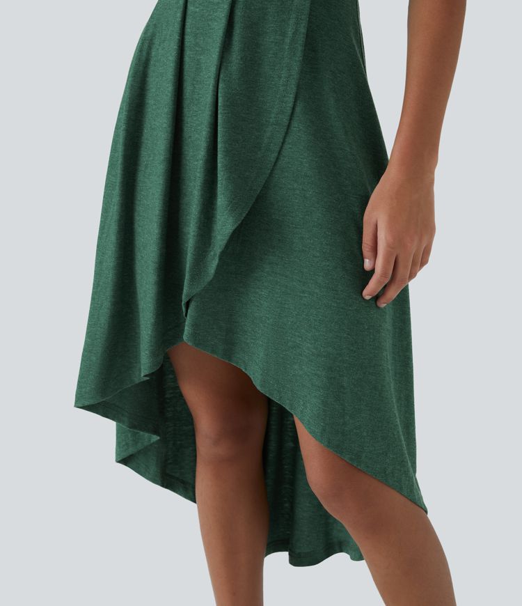 Deep V Neck Sleeveless High Low Crossover Hem Flowy Midi Casual Dress