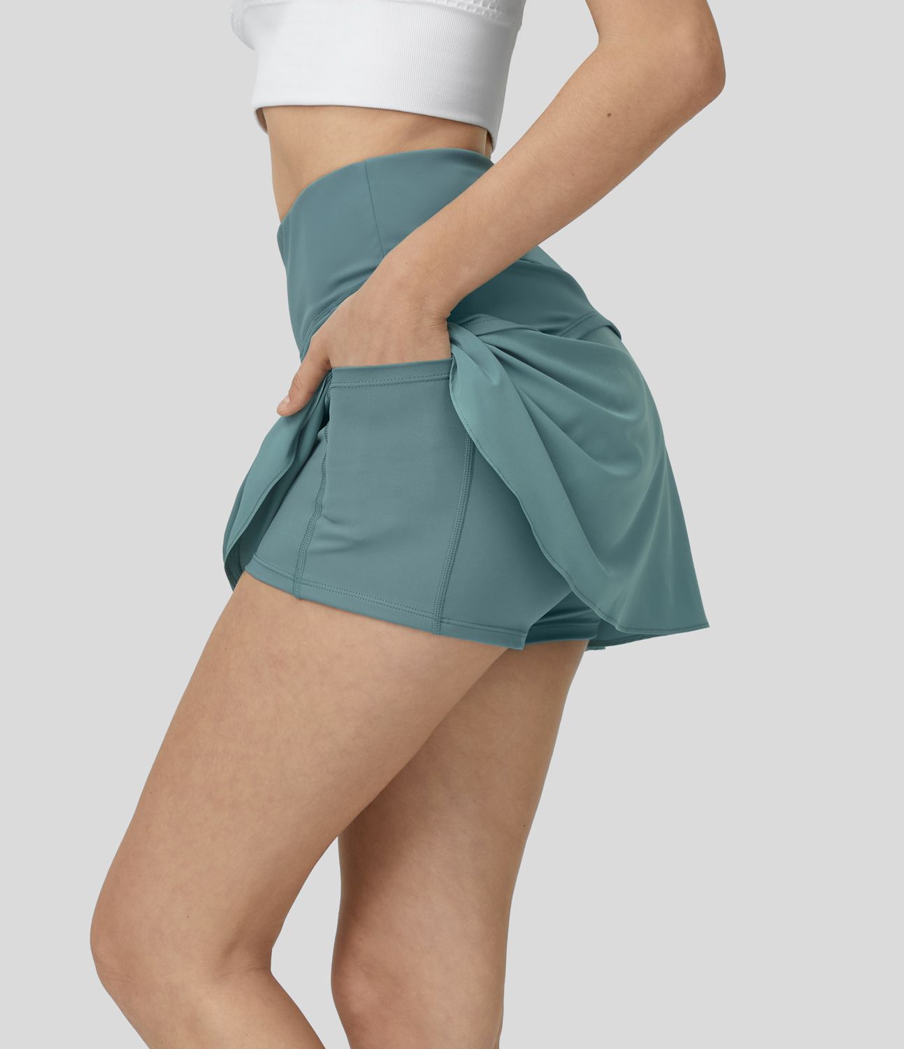 Breezeful™ High Waisted Ruched Contrast 2-in-1 Side Pocket Mini Quick Dry Tennis Skirt