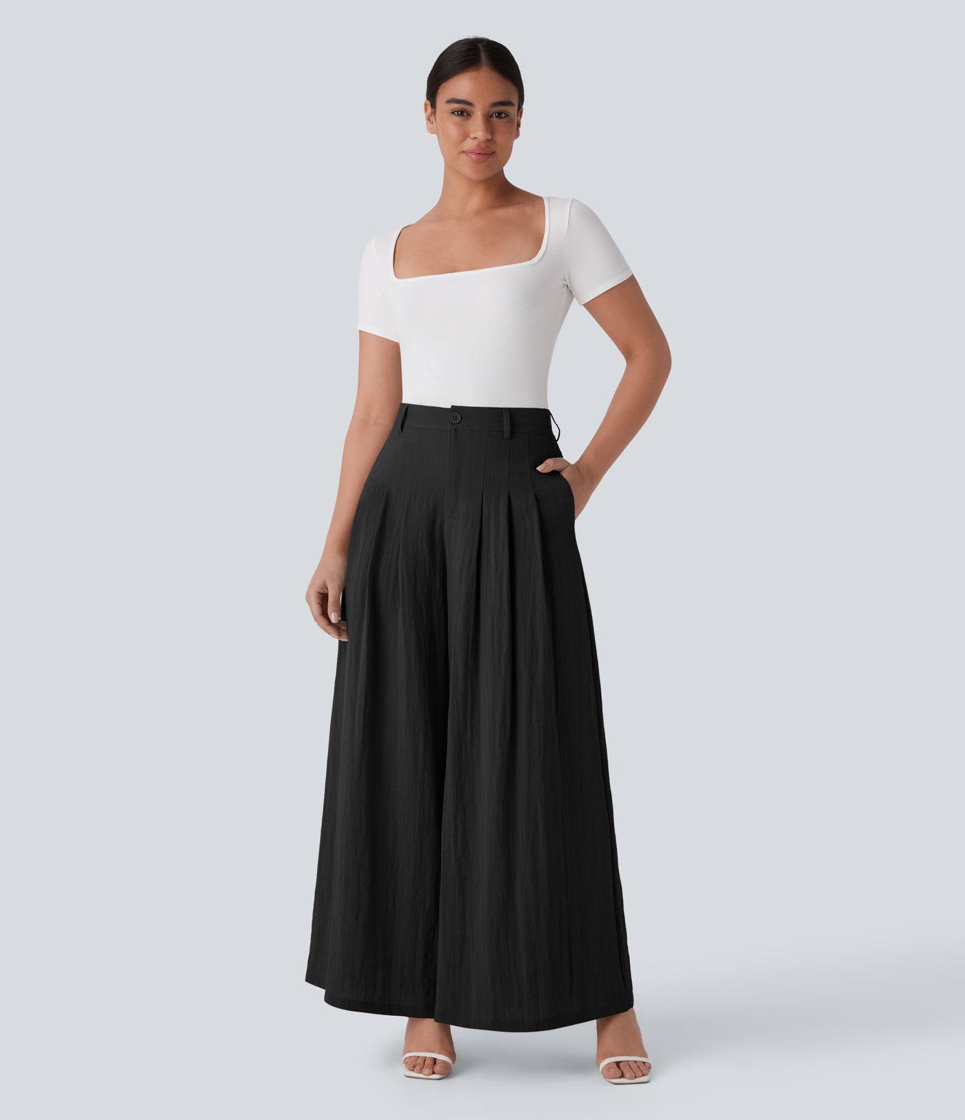 Halara Flex™ High Waisted Zipper Pocket Wide Leg Flowy Work Linen-Feel Pants