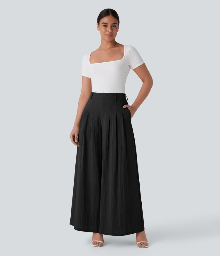 Halara Flex™ High Waisted Zipper Pocket Wide Leg Flowy Work Linen-Feel Pants