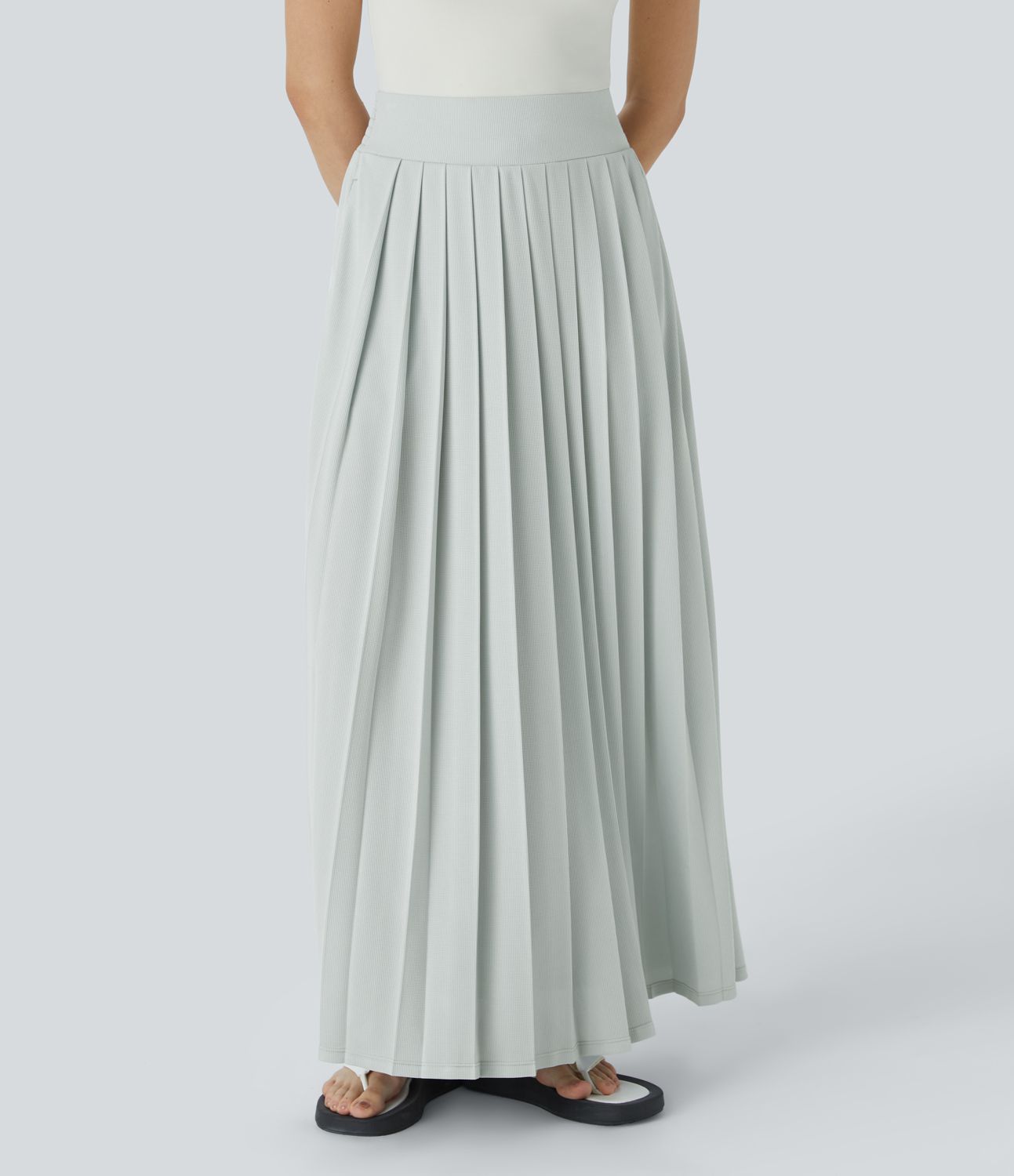 High-waist side pocket pleated flowy maxi waffle casual skirt