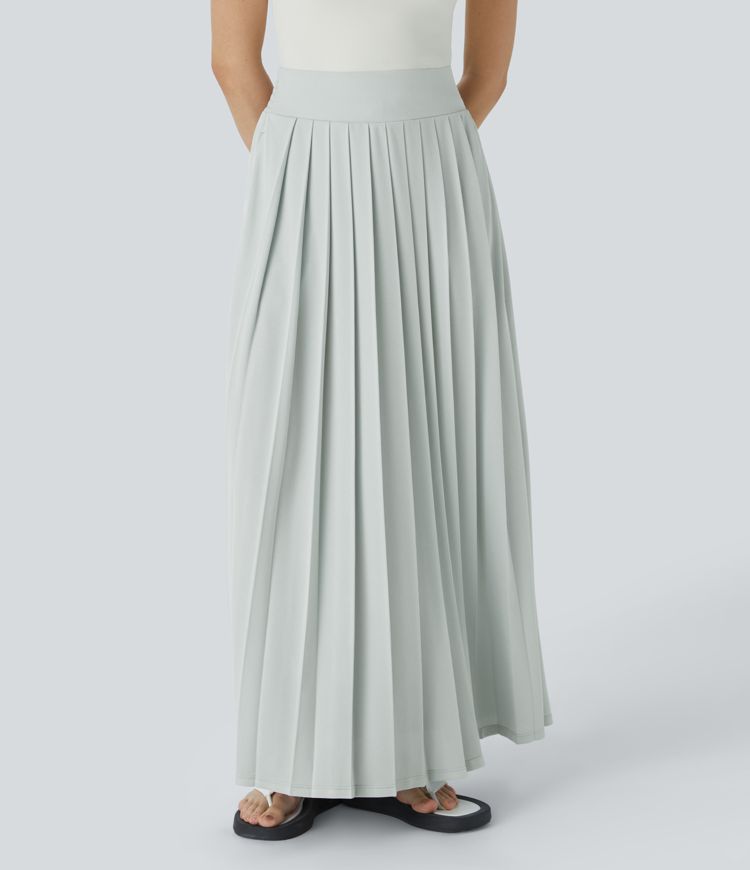 High-waist side pocket pleated flowy maxi waffle casual skirt