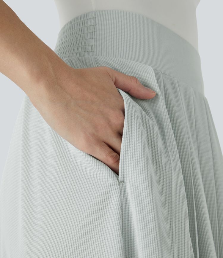 High-waist side pocket pleated flowy maxi waffle casual skirt
