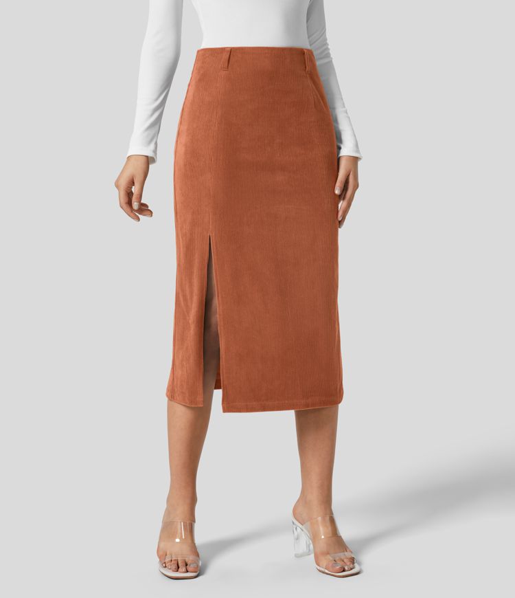 High Waisted Invisible Zipper Split Hem Midi Corduroy Casual Skirt