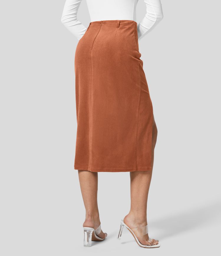 High Waisted Invisible Zipper Split Hem Midi Corduroy Casual Skirt