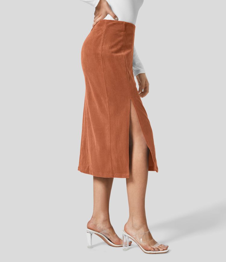 High Waisted Invisible Zipper Split Hem Midi Corduroy Casual Skirt