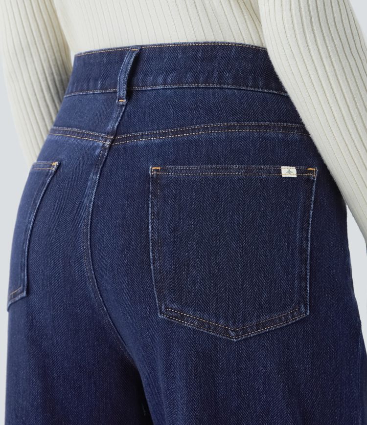 Halara Flex™ High Waisted Multiple Pockets Rolled Hem Wide Leg Herringbone Washed Stretchy Knit Casual Jeans