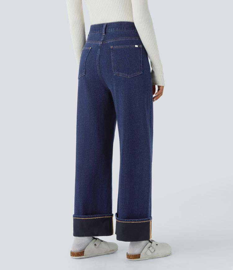 Halara Flex™ High Waisted Multiple Pockets Rolled Hem Wide Leg Herringbone Washed Stretchy Knit Casual Jeans